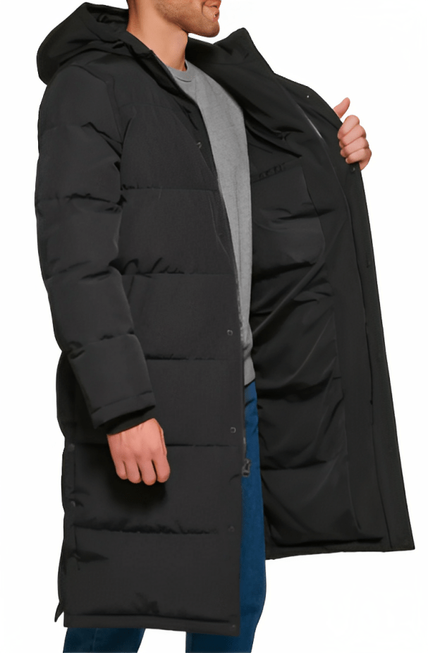Men's Trench Puffer Coat In Black With Hood
