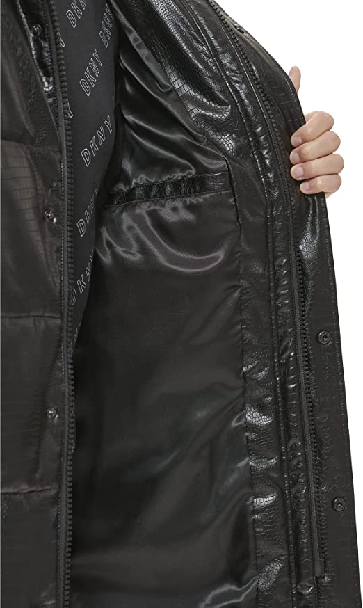 Men's Trench Puffer Leather Coat In Black With Snakeskin Texture