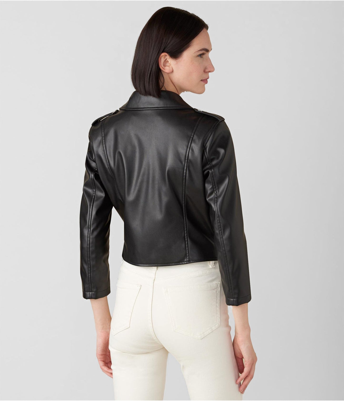 Women's Biker Leather Jacket In Black With 3/4 Sleeves