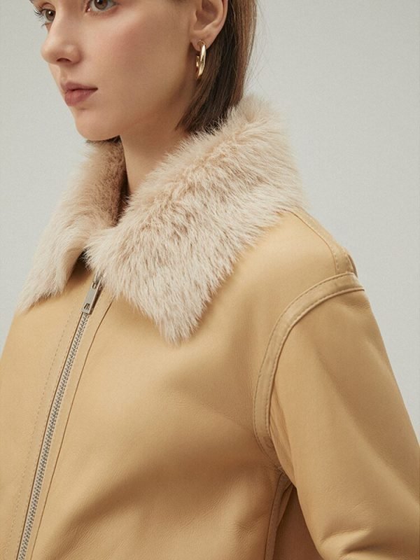 Women's Leather Biker Jacket In Beige