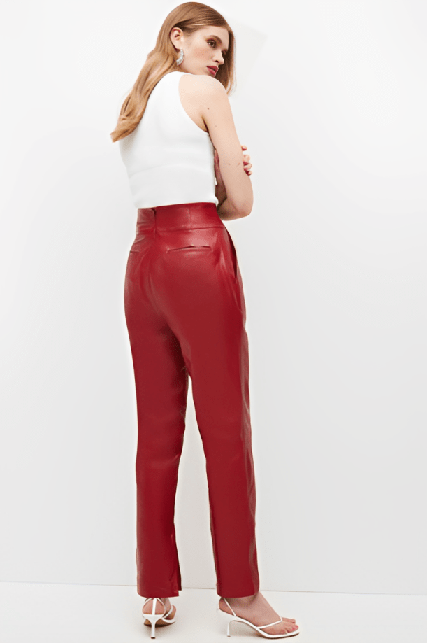 Women's Leather Pant In Red With Tie Waist