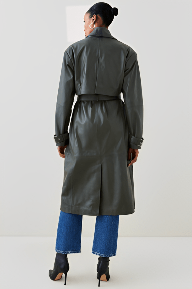 Women's Leather Trench Coat In Olive