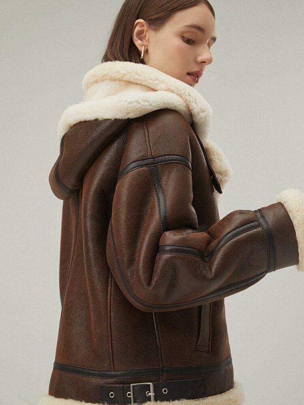 Women's Shearling Leather Jacket In Dark Brown With Removable Hood