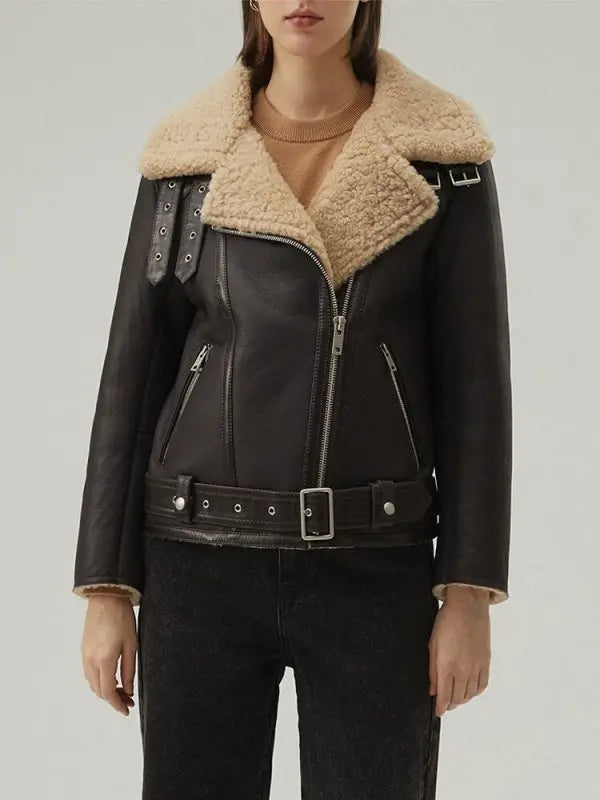Women's Shearling Leather Jacket In Matte Black