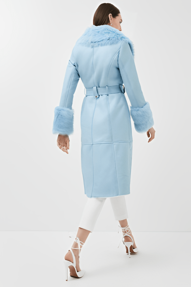 Women's Shearling Leather Trench Coat In Sky Blue
