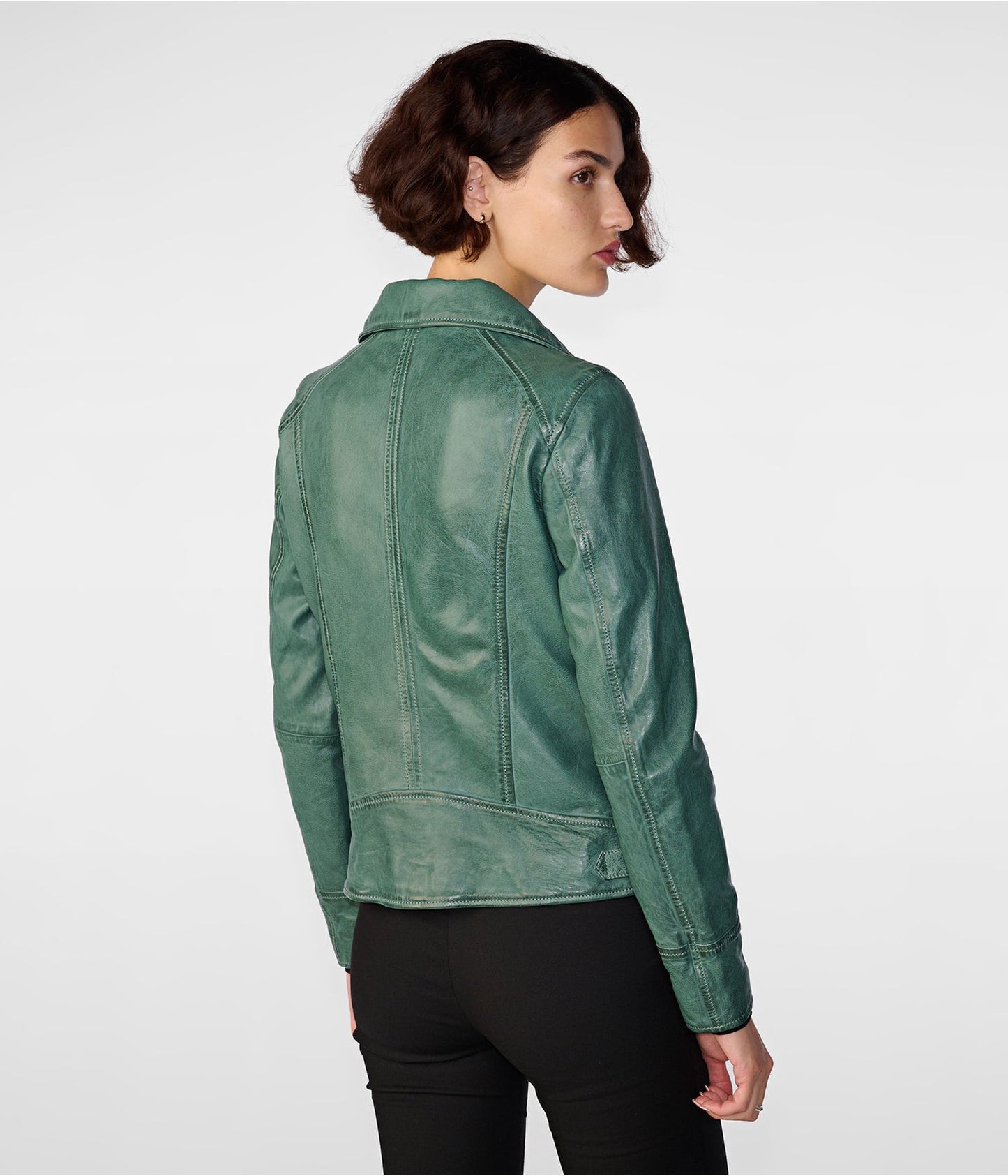 Women's Distressed Leather Biker Jacket In Sea Green