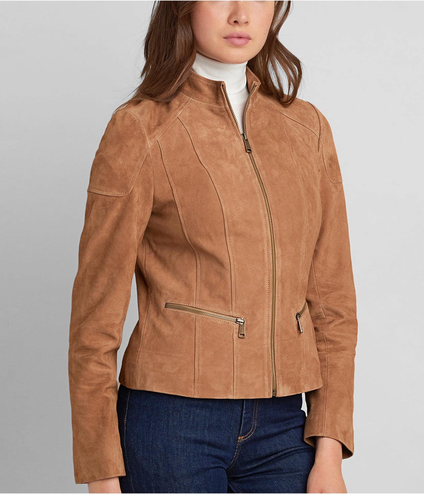 Women's Suede Leather Biker Jacket In Tan Brown