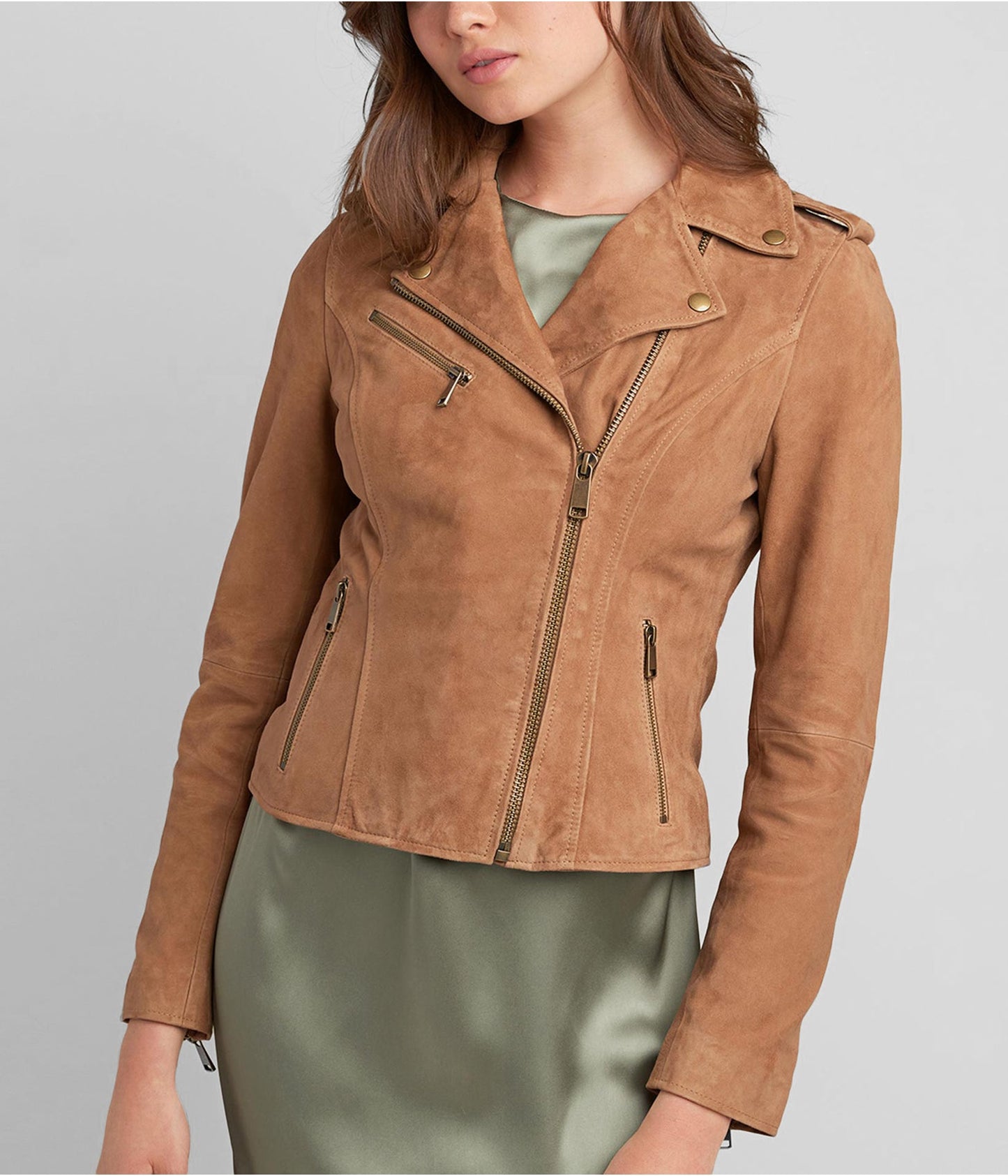Women's Suede Leather Moto Jacket In Tan Brown