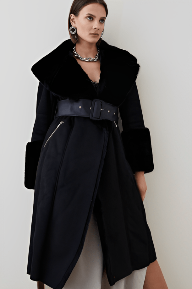 Women's Suede Leather Shearling Coat In Black With Fur Collar