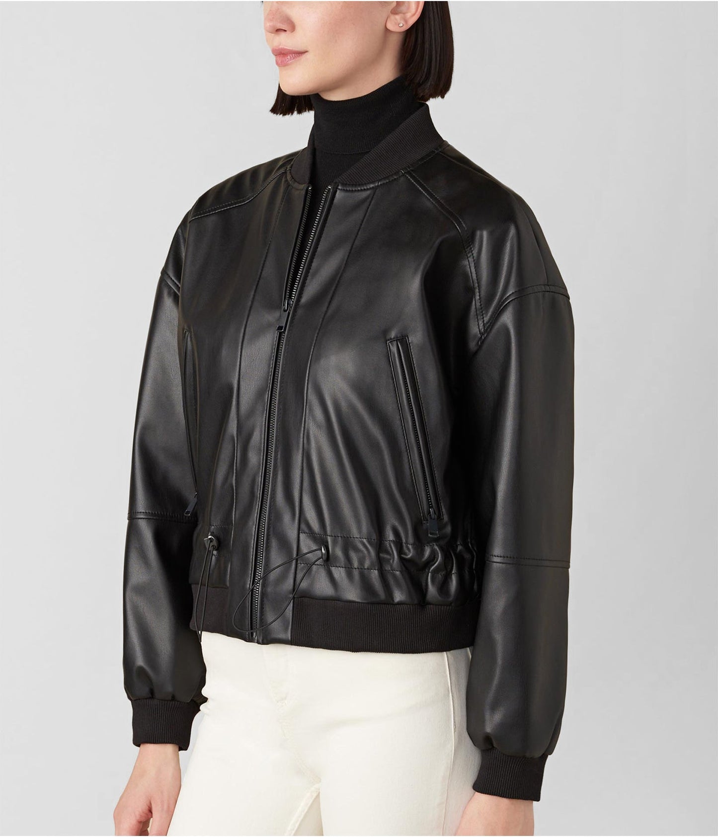 Women's Leather Bomber Jacket In Black