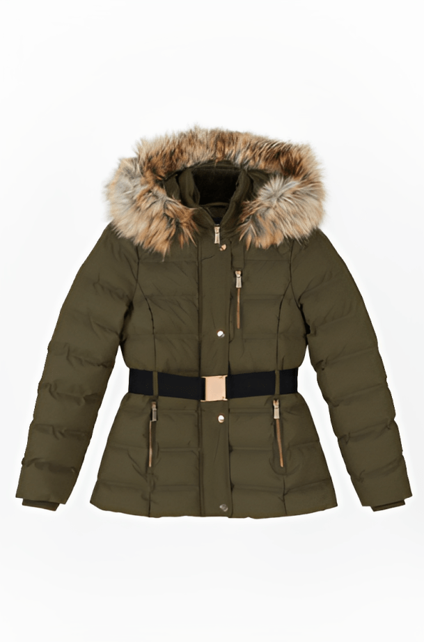 Women's Belted Puffer Jacket In Khaki With Fur Hood