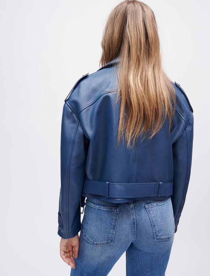 Women's Biker Leather Jacket In Blue With Belt