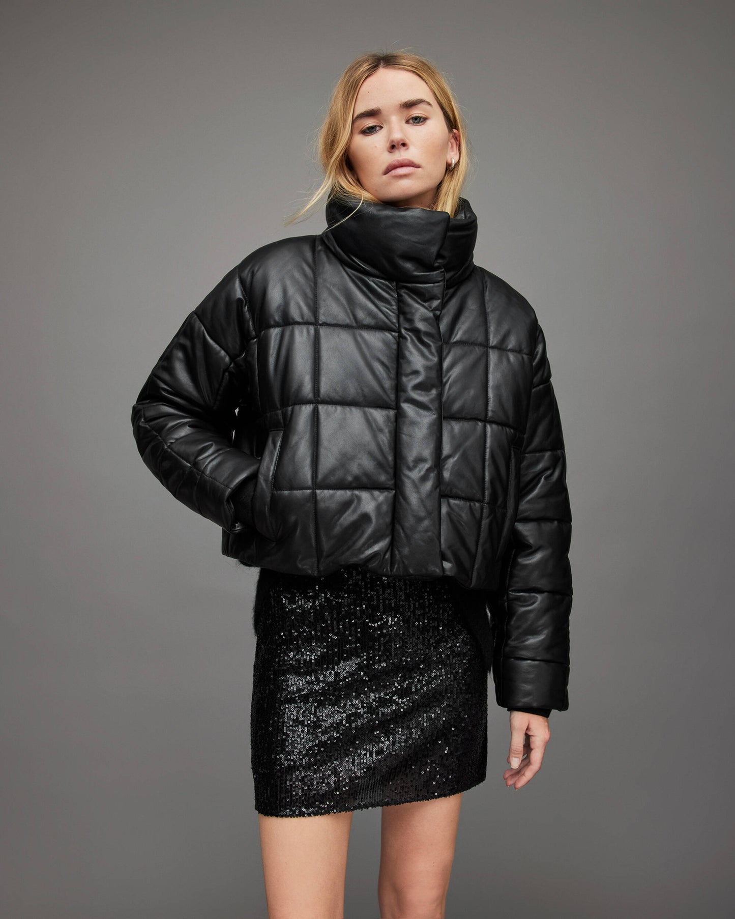 Women's Black Puffer Leather Jacket With Turtle Neck
