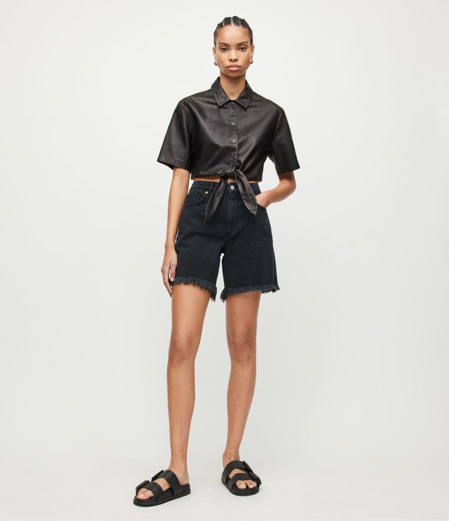 Women's Cropped Leather Shirt In Black