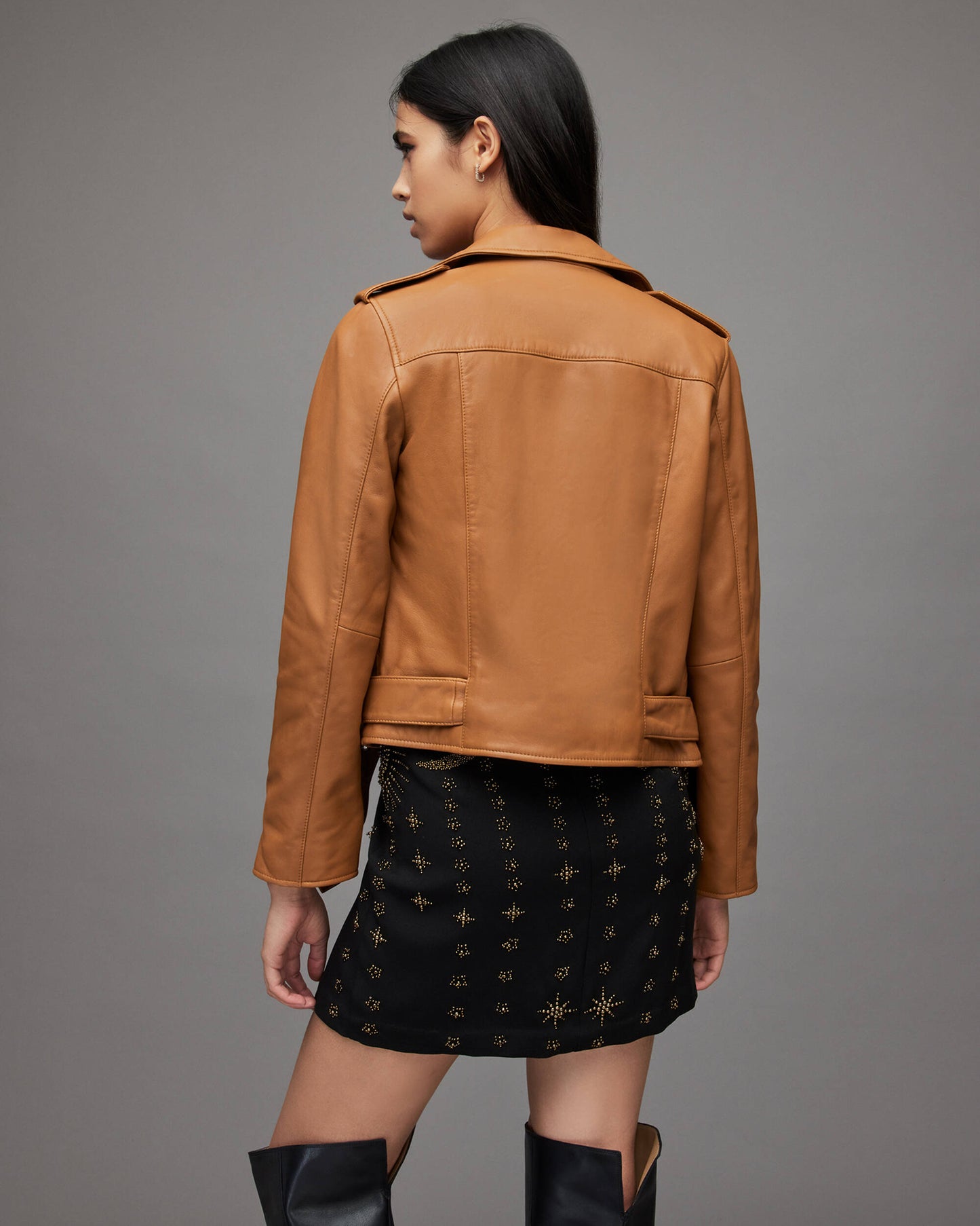 Women's Leather Biker Jacket In Tan Brown