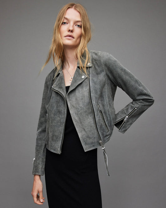 Women's Suede Leather Biker Jacket In Gray