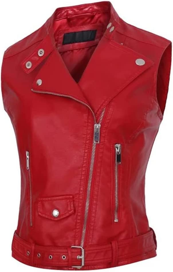 Women's Leather Biker Vest In Red