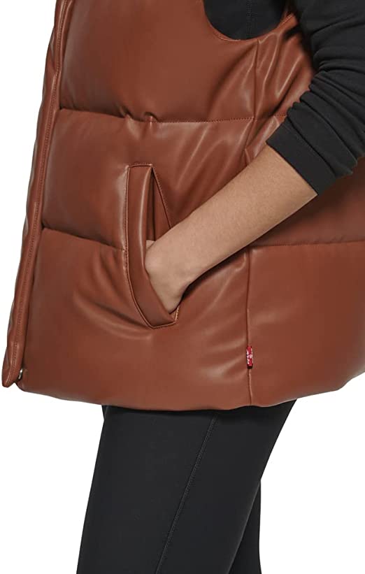 Women's Leather Puffer Vest In Chocolate Brown
