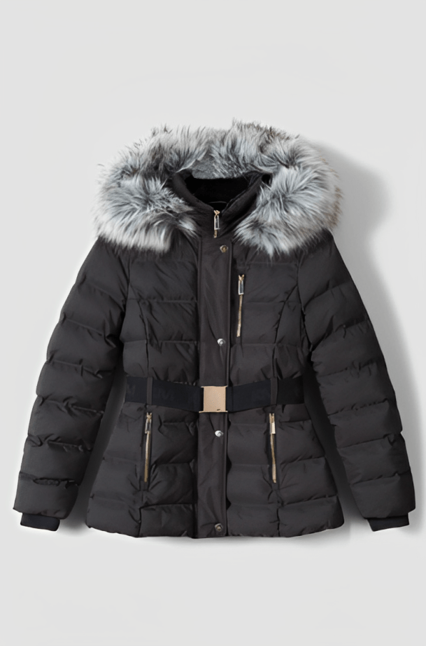 Women's Puffer Jacket In Black With Fur Hood