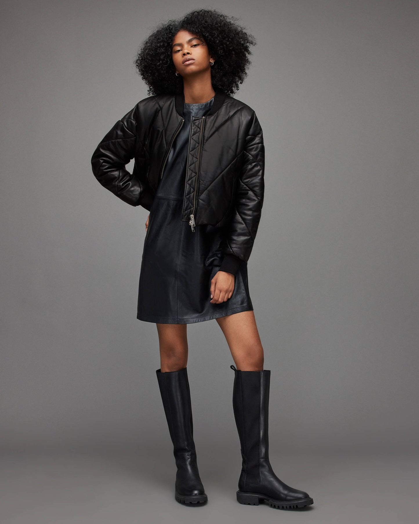Women's Puffer Leather Jacket In Black
