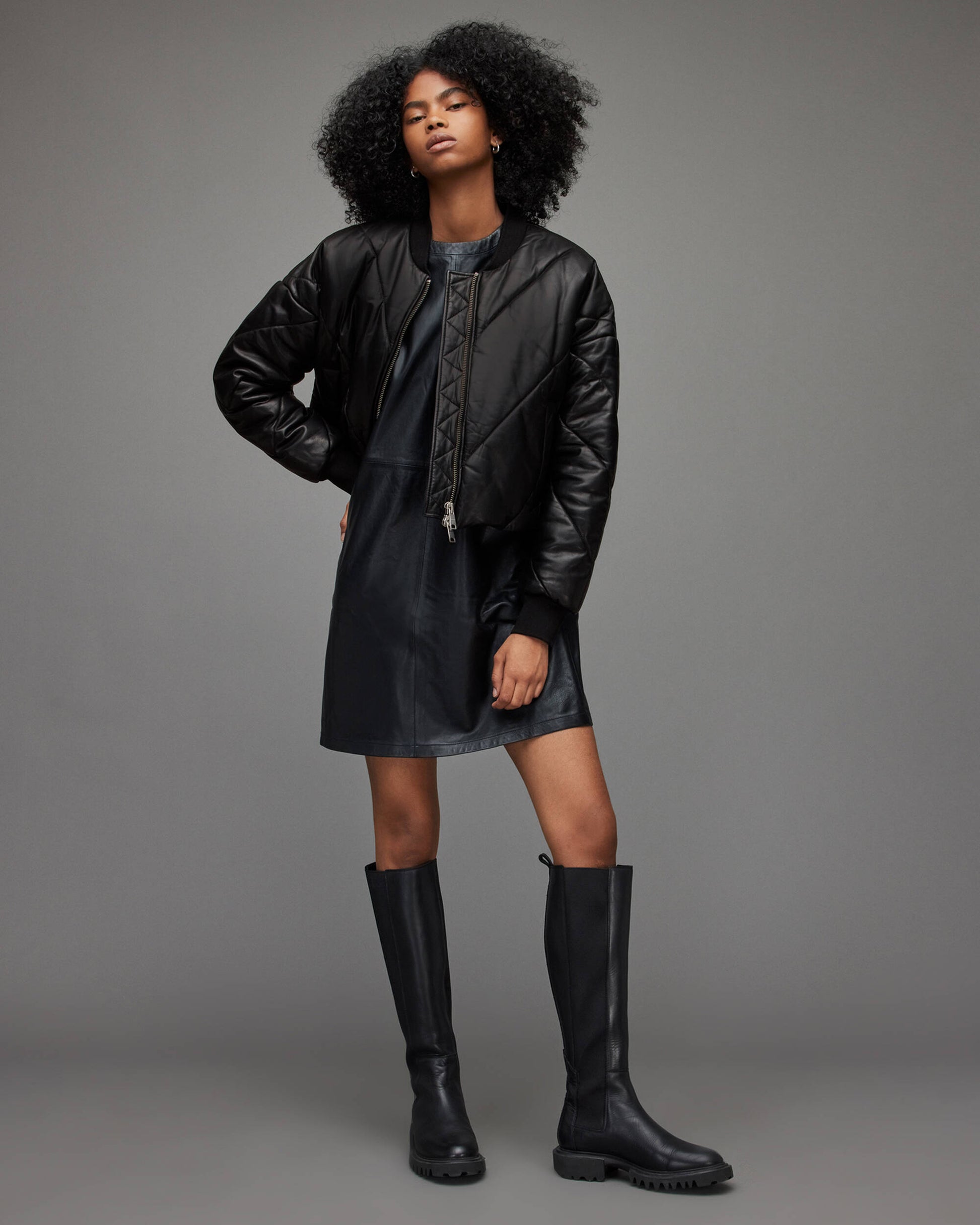 Women's Puffer Leather Jacket In Black
