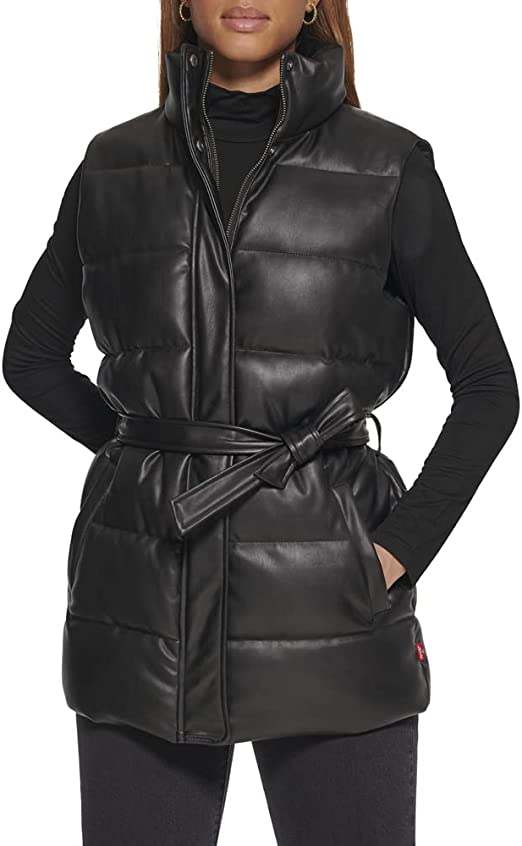 Women's Puffer Leather Vest In Black With Belt
