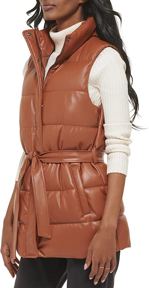 Women's Puffer Leather Vest In Chocolate Brown With Belt