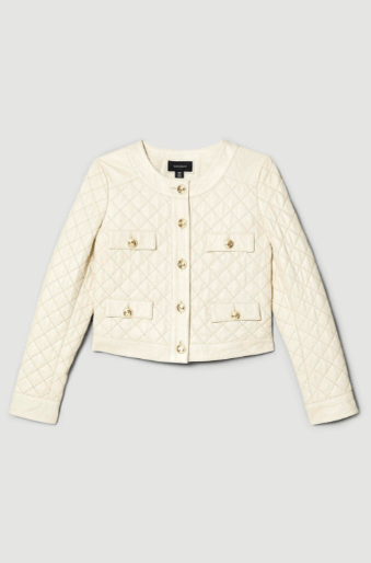 Women's Quilted Leather Trucker Jacket In White