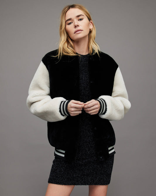 Women's Shearling Bomber Jacket In White & Black