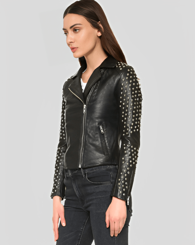 Women's Studded Black Leather Biker Jacket