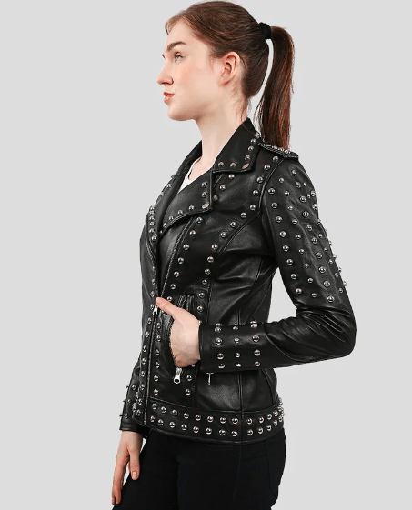 Women's Studded Leather Biker Jacket In Black