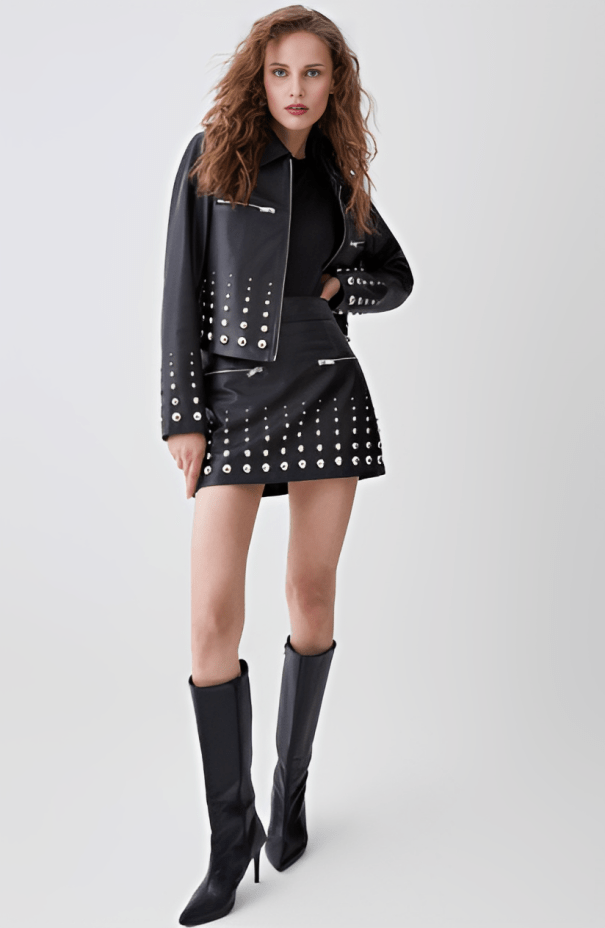 Women's Studded Leather Jacket In Black