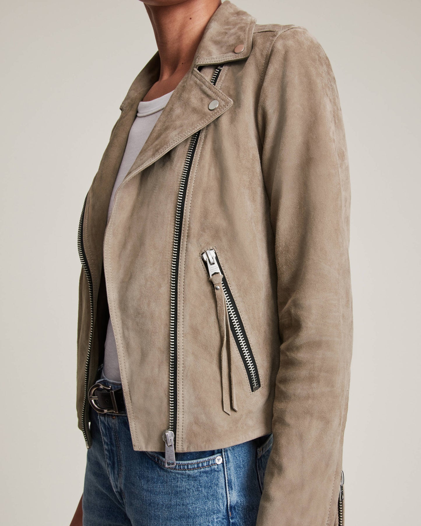 Women's Suede Leather Biker Jacket In Tan Beige