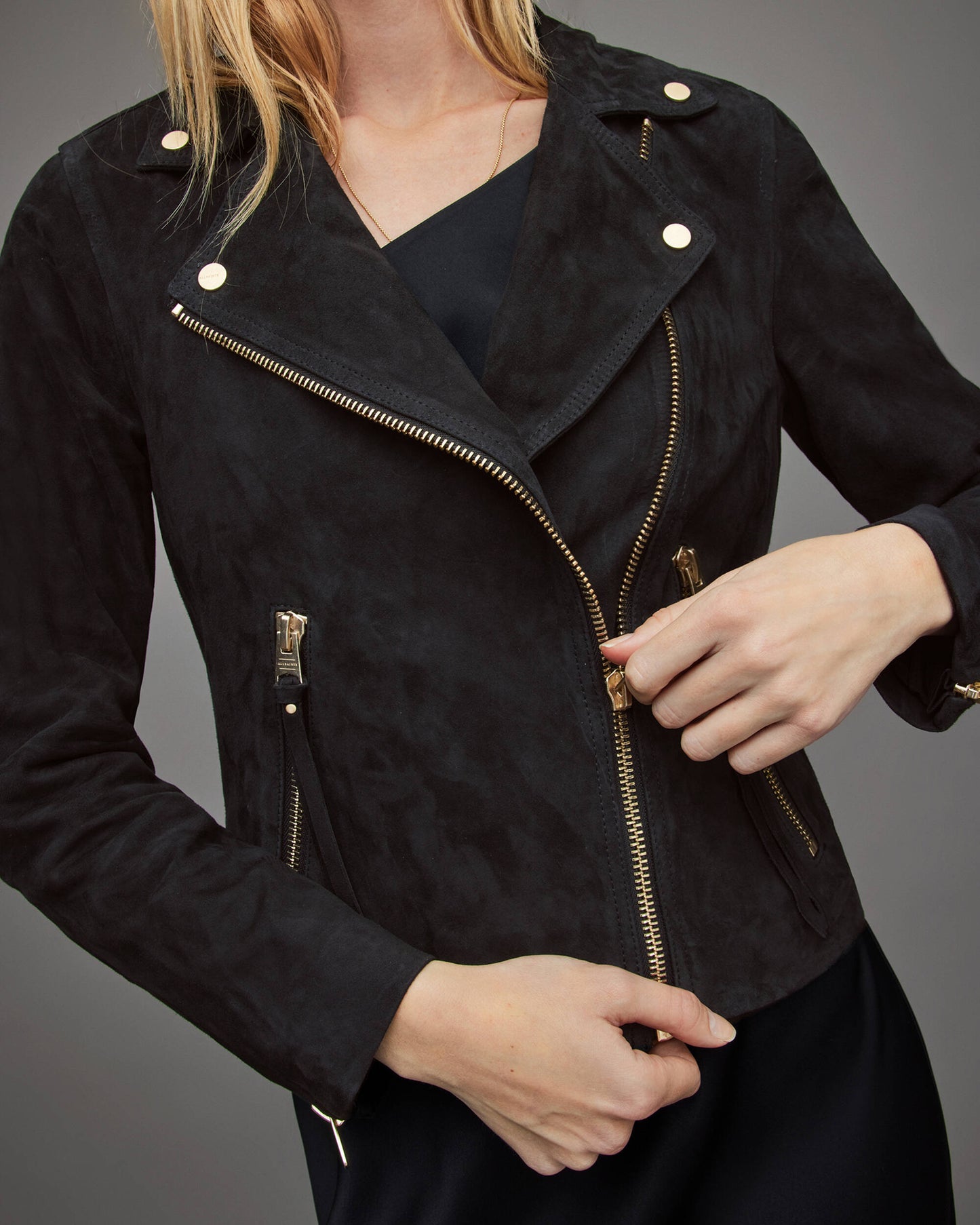 Women's Suede Leather Biker Jacket In Black