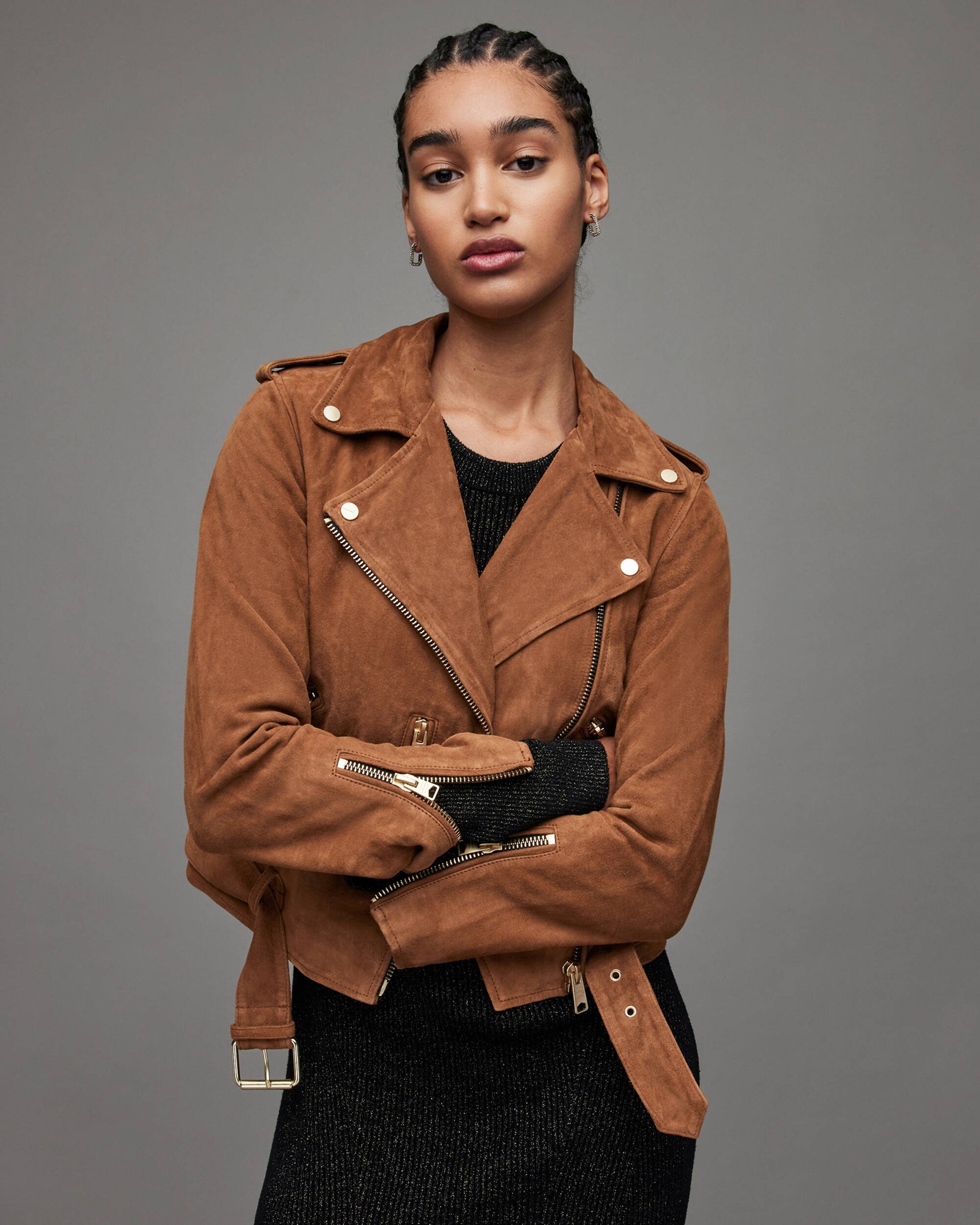 Women's Tan Brown Suede Leather Biker Jacket With Belt