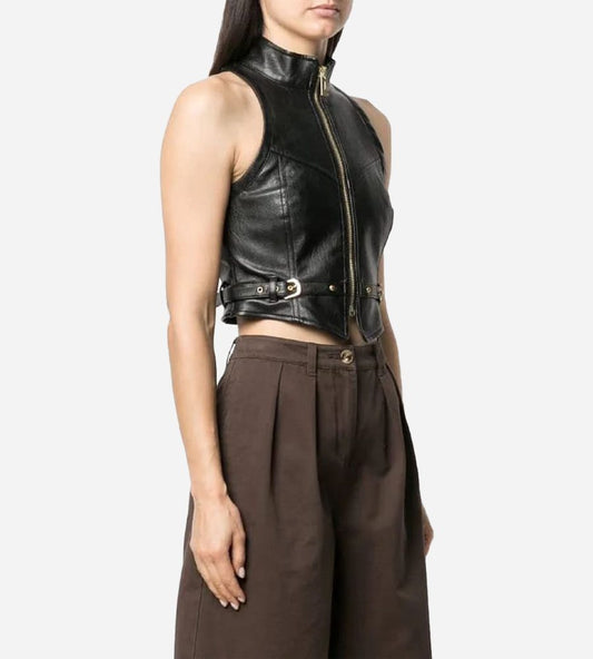 Women's Trendy Leather Vest In Black