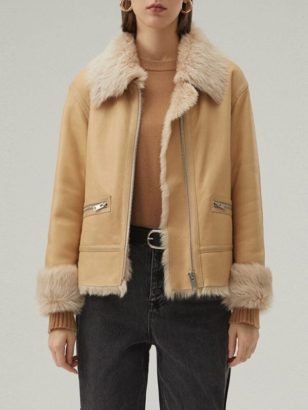 Women's Leather Biker Jacket In Beige