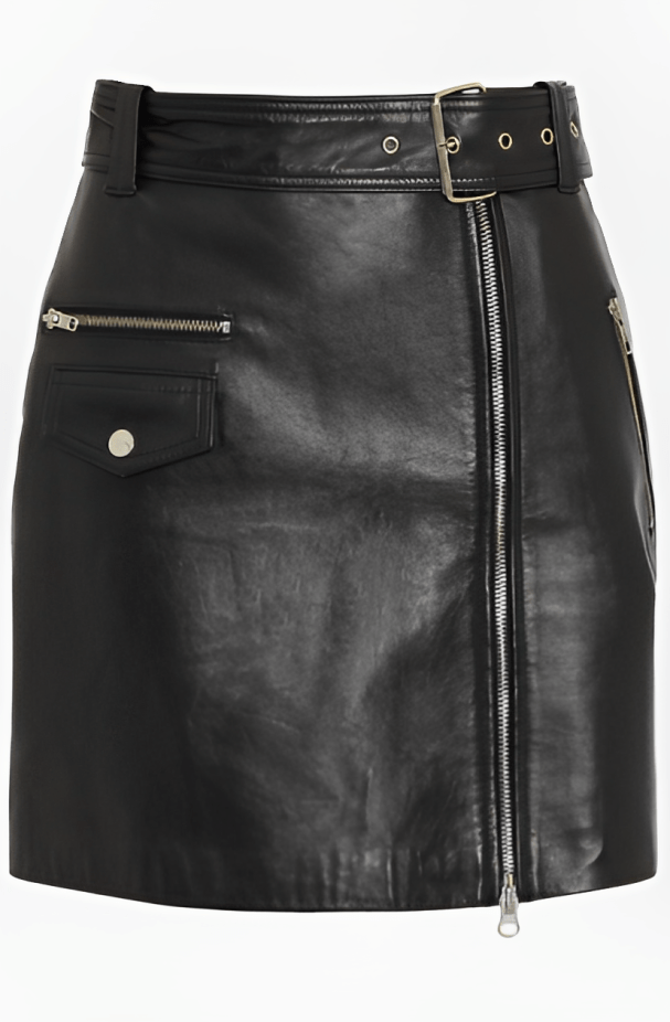 Women's Leather Mini Skirt In Black With Belted Waist
