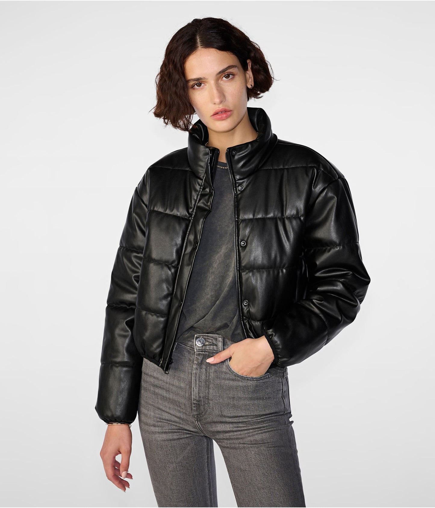 Women's Leather Puffer Jacket In Black