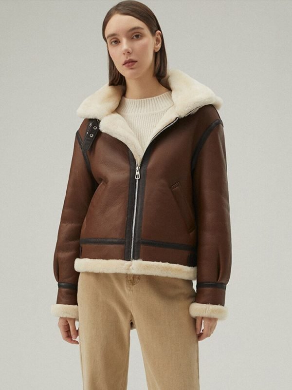 Women's Leather Shearling Jacket In Dark Brown With Removable Hood