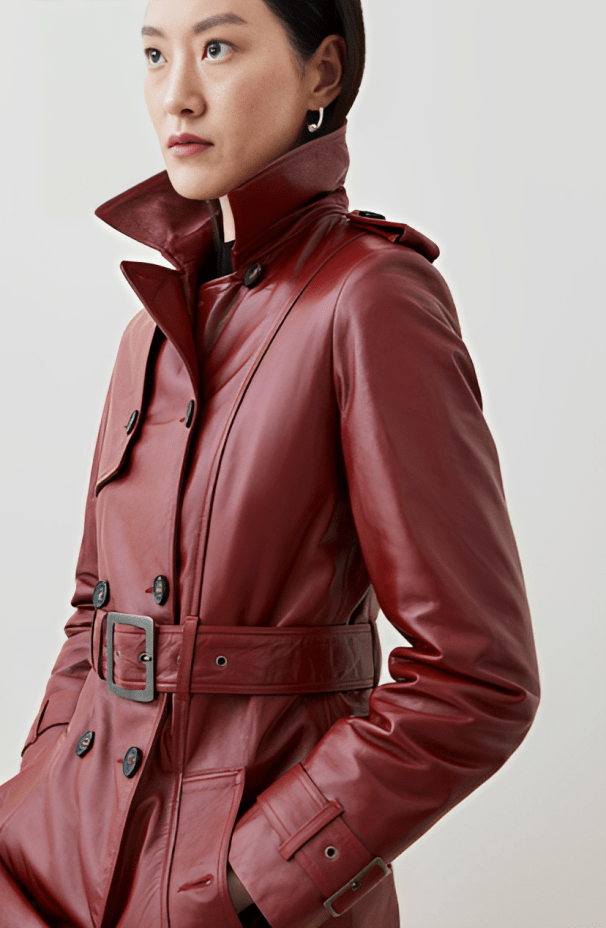 Women s Leather Trench Coat In Ox Red