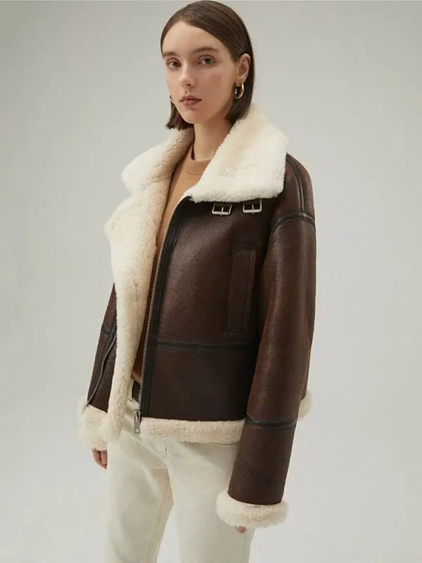 Women's Shearling Leather Jacket In Dark Brown