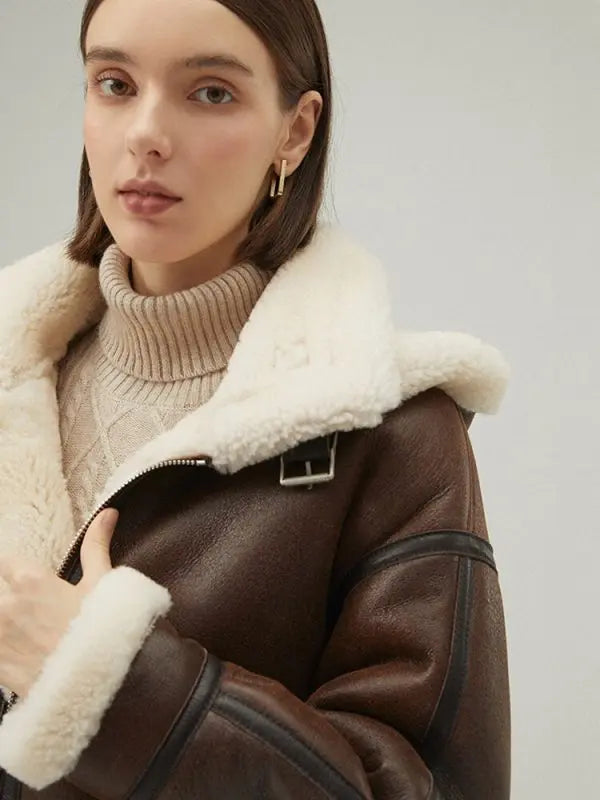Women's Shearling Leather Jacket In Dark Brown With Removable Hood