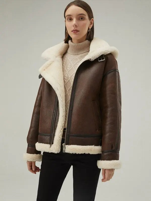 Women's Shearling Leather Jacket In Dark Brown With Removable Hood