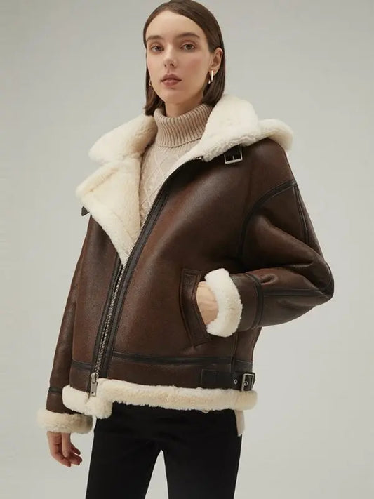 Women's Shearling Leather Jacket In Dark Brown With Removable Hood