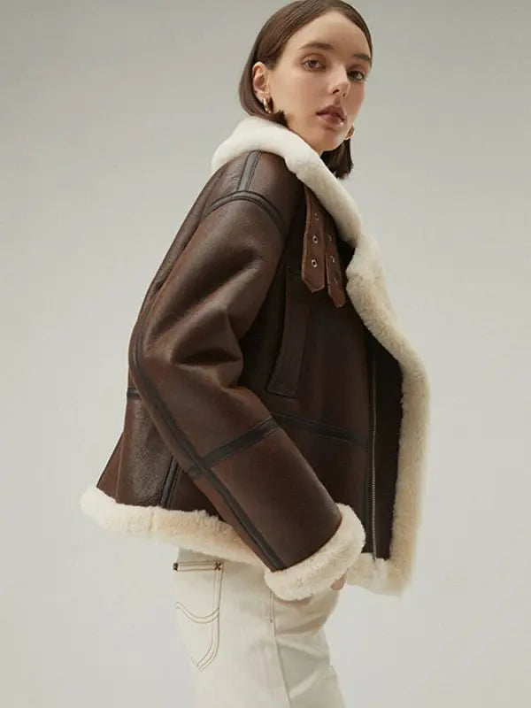 Women's Shearling Leather Jacket In Dark Brown