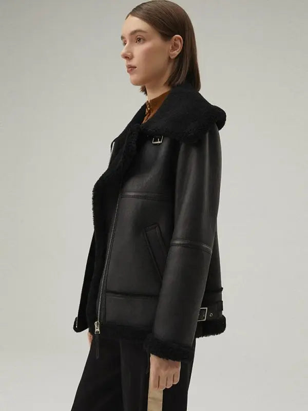 Women's Shearling Leather Jacket In Matte Black