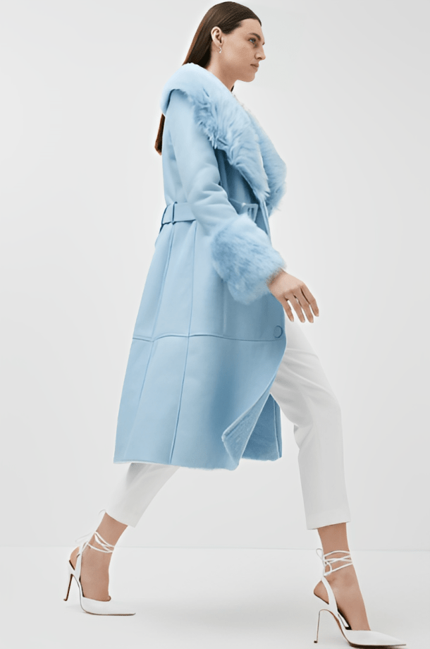 Women's Shearling Leather Trench Coat In Sky Blue