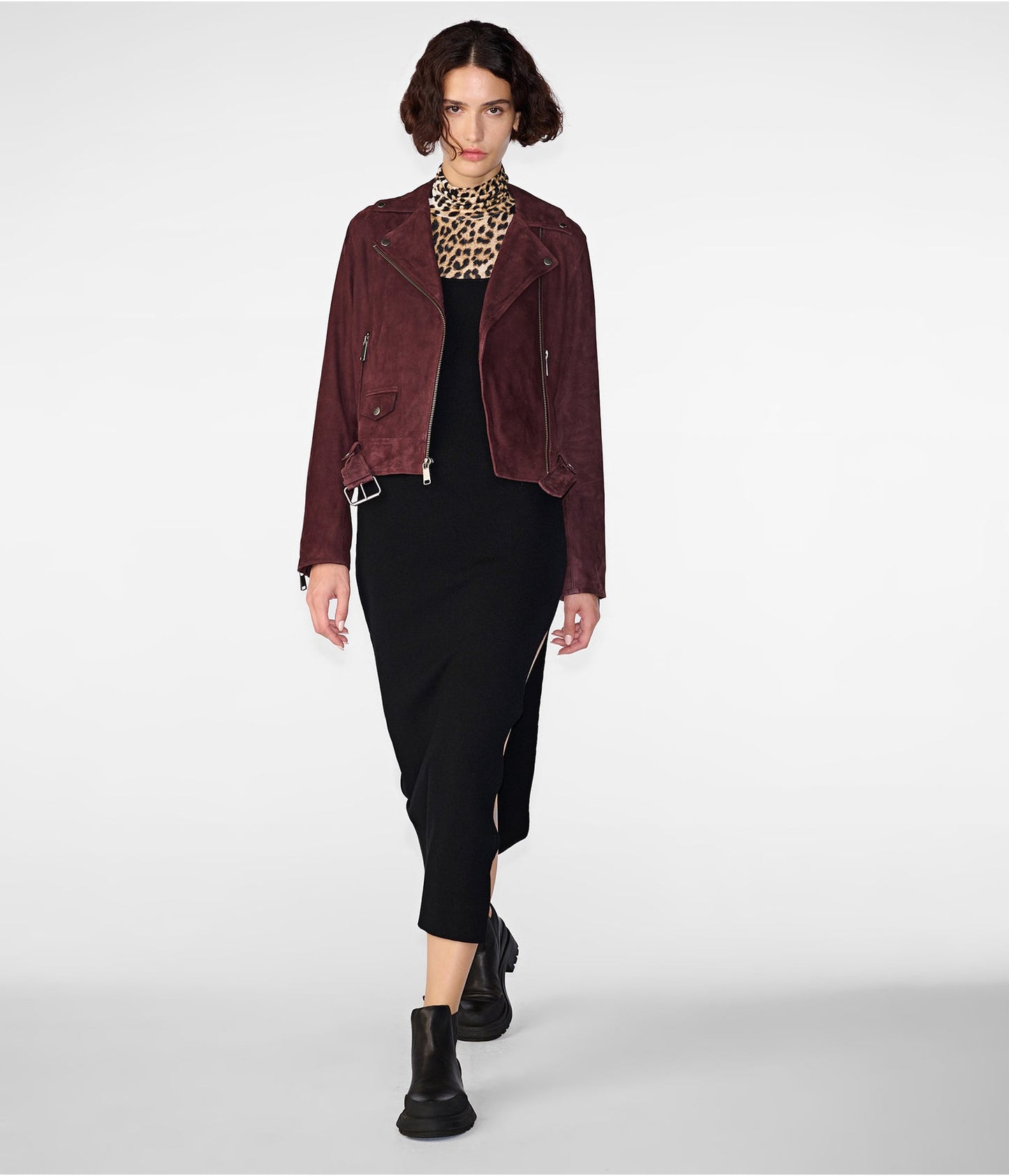 Women's Suede Leather Biker Jacket In Maroon