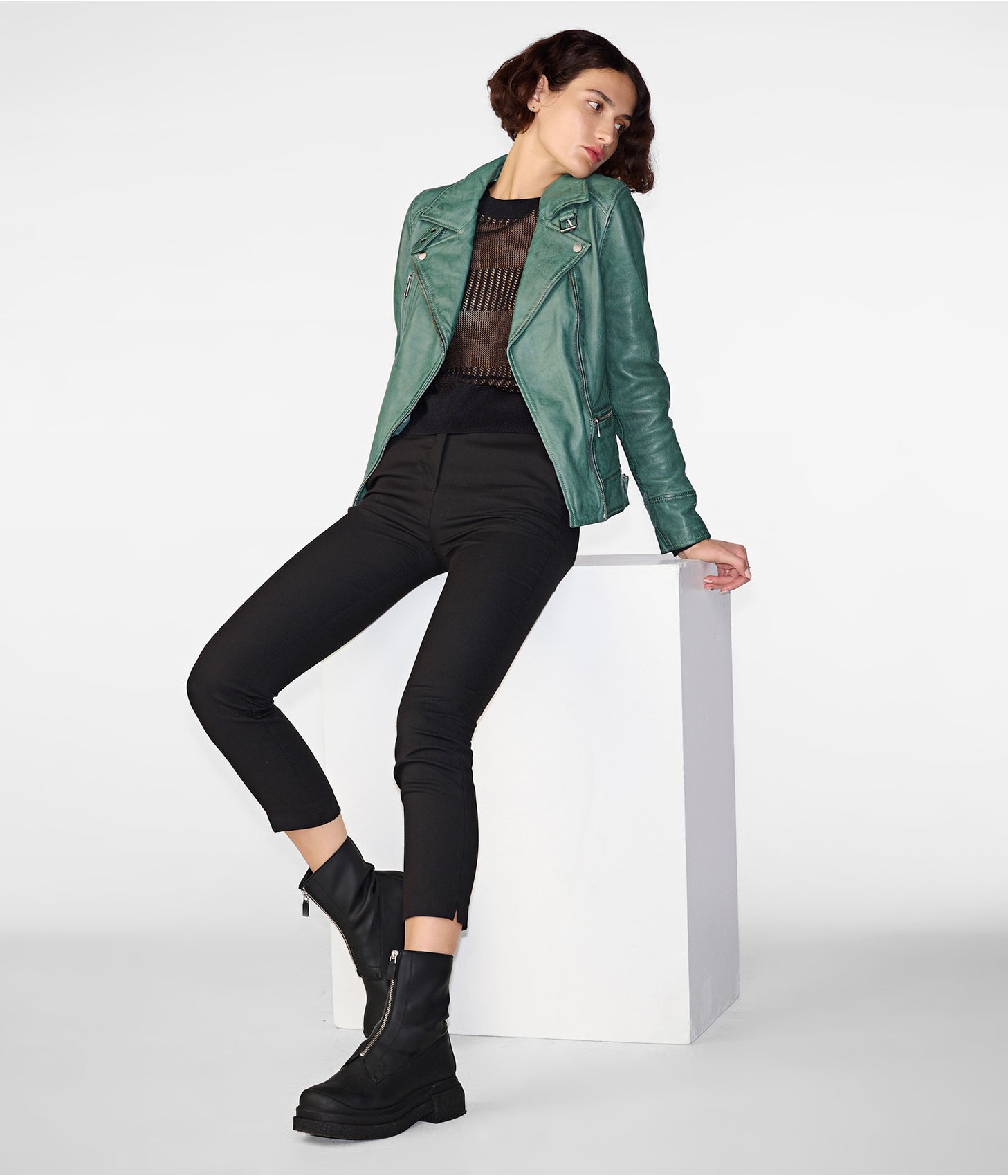 Women's Distressed Leather Biker Jacket In Sea Green